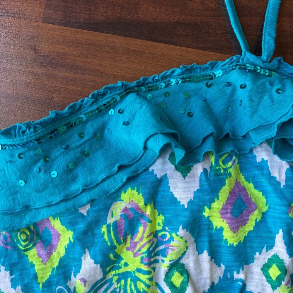 Justice Girls Turquoise Ikat Butterfly Sequin Ruffle Halter Top Size 20 NWT